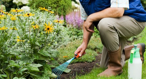 Gardening team finishing a safe, insured garden maintenance job